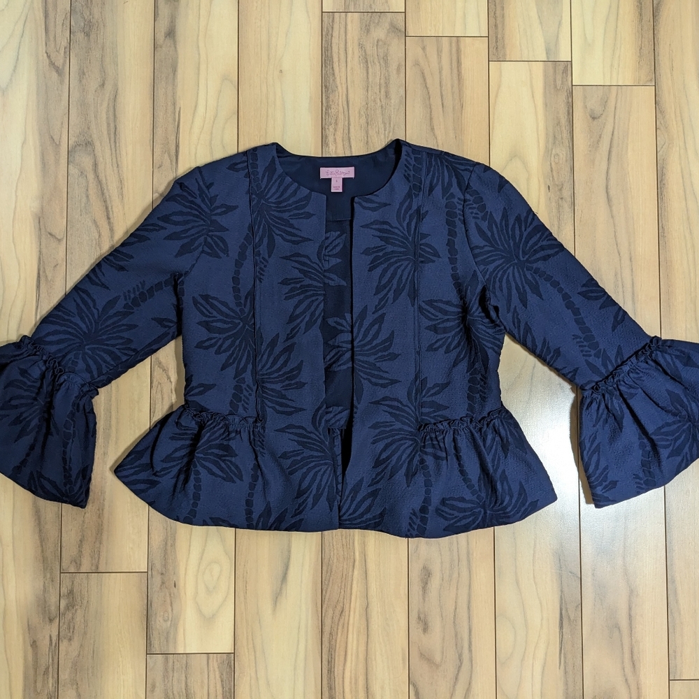 EUC!  Lilly Pulitzer Shaylee Jacket True Navy Palm Paradise Puckered Jacquard S